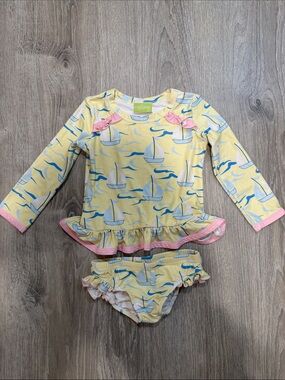 Kids Yellow Sailboat Ruffle Rashguard Set with Pink Trim